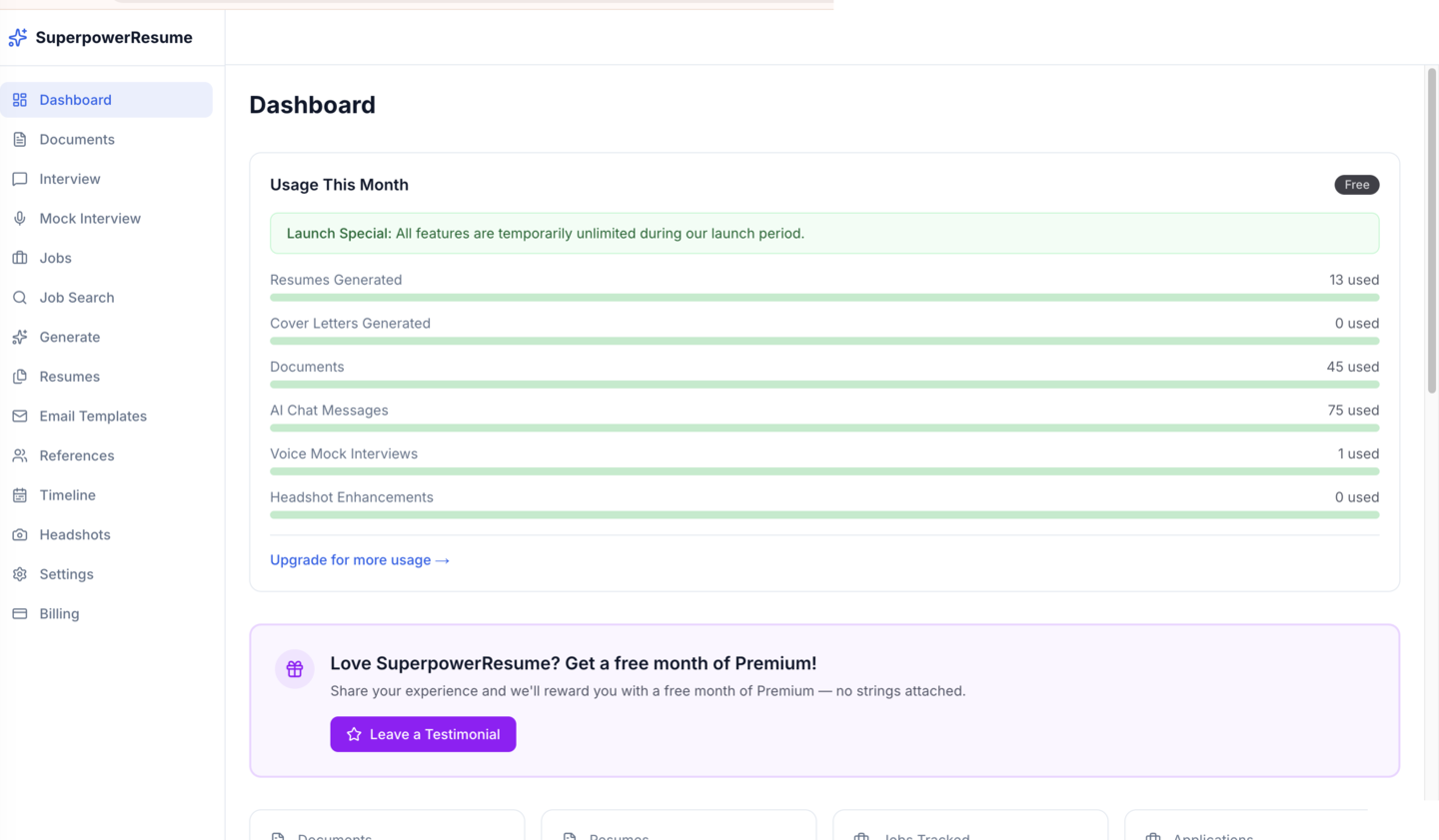 Dashboard showing usage tracking, job pipeline, and application stats
