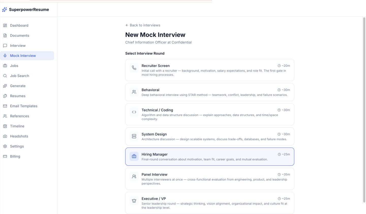 Mock interview round selection with 6 interview types and 3D avatars